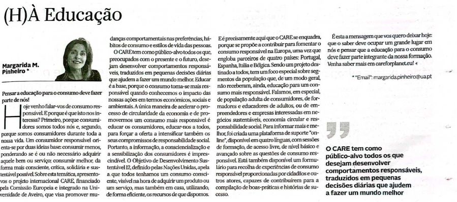 A piece on the CARE Project published in the local press Diário de Aveiro 